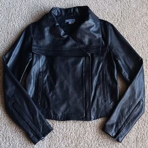 VINCE Leather MOTO JACKET MEDIUM BLACK Drape collar Motorcycle Ladies
